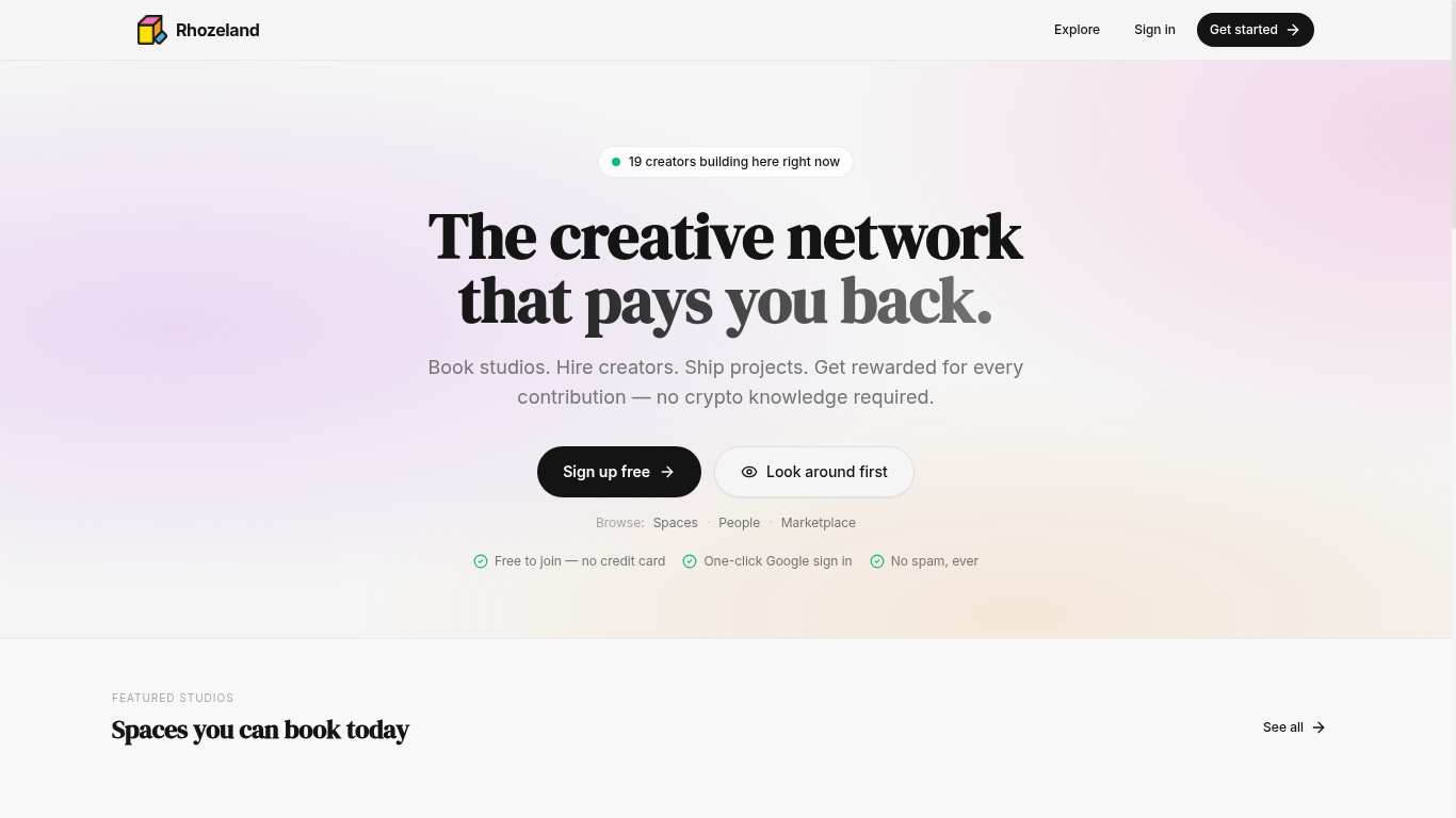 Rhozeland Creator OS — landing